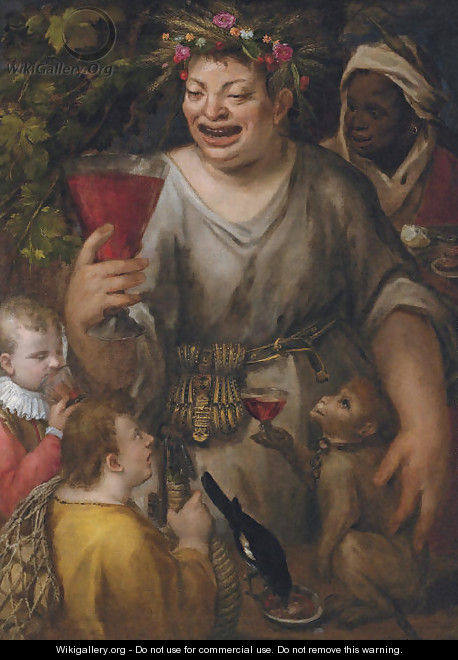 Bacchus with a page, a peasant, a servant, a magpie and an ape - Sebastiano Filippi II, Il Bastianino