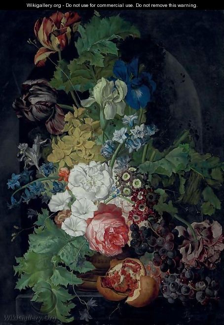 Tulips, irises, morning glories and other flowers in an urn, with grapes and a pomegranate, in a stone niche - Sebastian Wegmayr