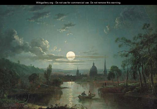 A moonlit river landscape with figures in a boat, a city beyond - Sebastian Pether