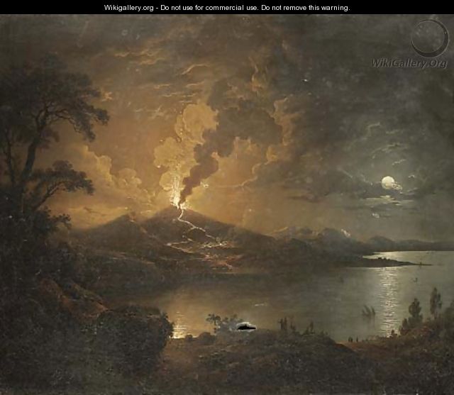 A coastal landscape with a volcano erupting by moonlight - Sebastian Pether