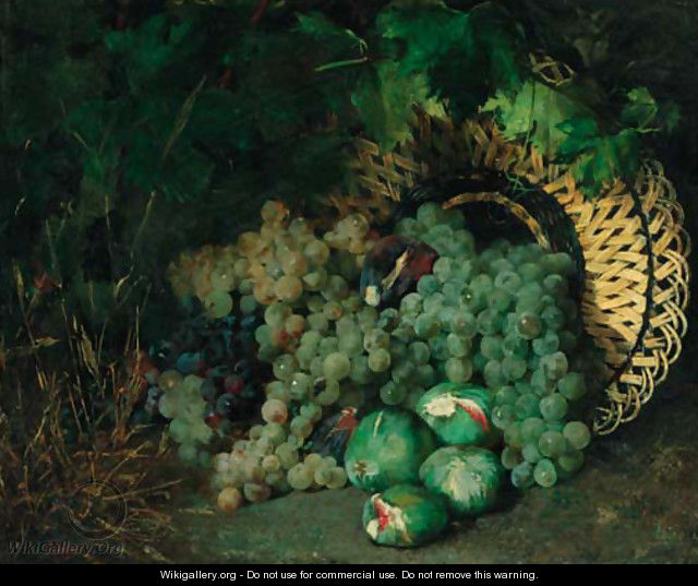 An upturned basket of grapes and figs - Sebastian Gessa Y Arias