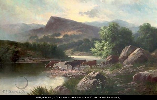 Cows watering in a mountainous river landscape - Sidney Yates Johnson