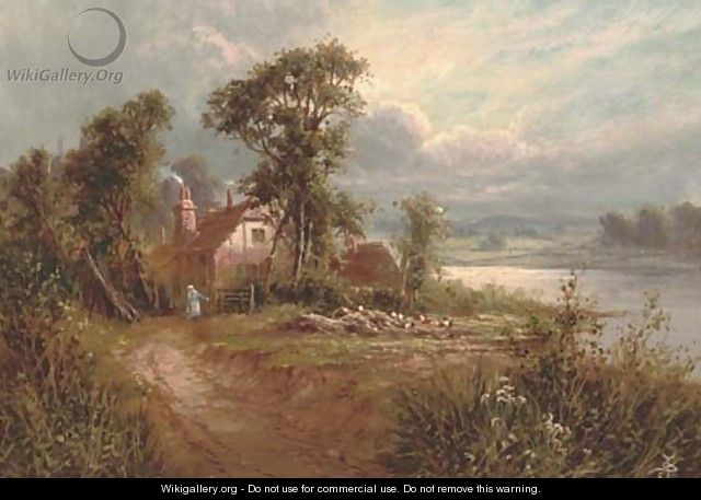 A figure outside a country cottage beside a river - Sidney Yates Johnson