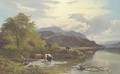 Mountain landscape with figures and cattle by a lake - Sidney Richard Percy