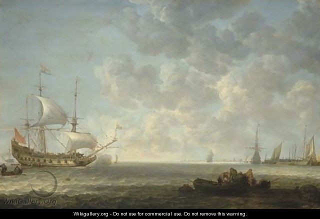 A coastal landscape with Dutch frigates exchanging salutes offshore in a light breeze, by a pier with a frigate, a haring buis and other vessels - Simon De Vlieger