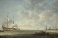 A coastal landscape with Dutch frigates exchanging salutes offshore in a light breeze, by a pier with a frigate, a haring buis and other vessels - Simon De Vlieger
