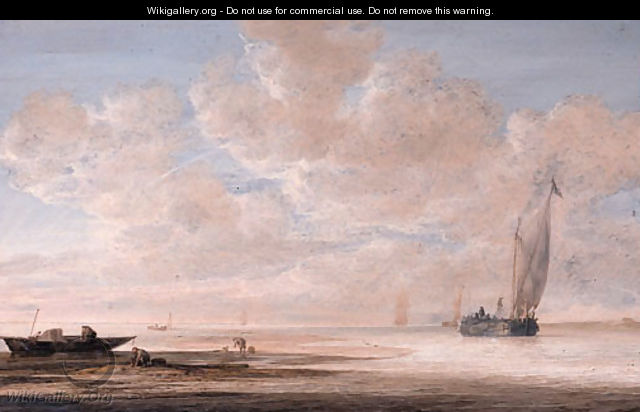 A calm fishermen at work on a sandbank with a wijdschip approaching a harbour nearby, other shipping beyond, at dawn - Simon De Vlieger