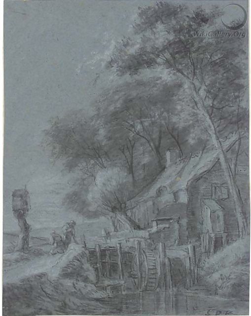 A mill on a wooded riverbank, with two labouring peasants - Simon De Vlieger