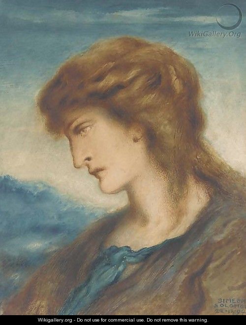 Study of a woman, bust-length in profile to the left, wearing a brown and blue dress - Simeon Solomon