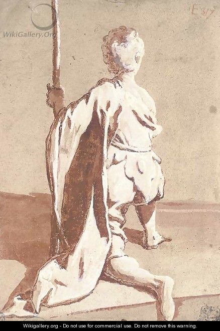 A kneeling young man seen from behind, holding a staff - Sigismondo Caula