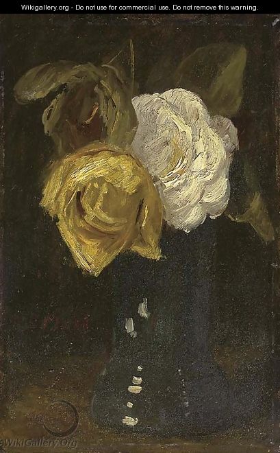 A white and yellow rose in a blue vase - Sientje Mesdag Van Houten