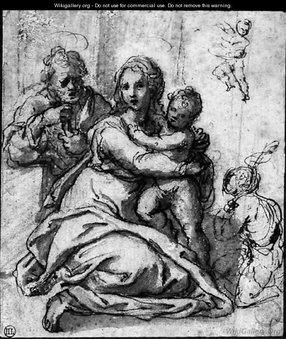 The Holy Family with the Infant Baptist, and a subsidiary study of the child - Sienese School