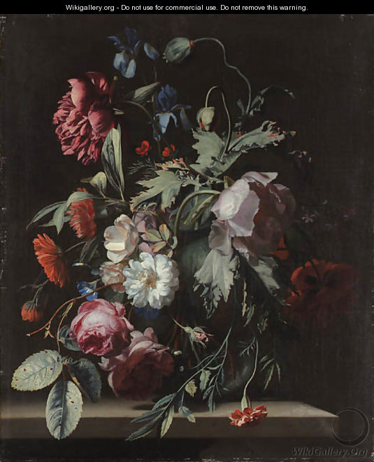 Roses, irises, poppies, a paeony, morning glory, carnations and other flowers in a vase, on a stone table - Simon Pietersz. Verelst