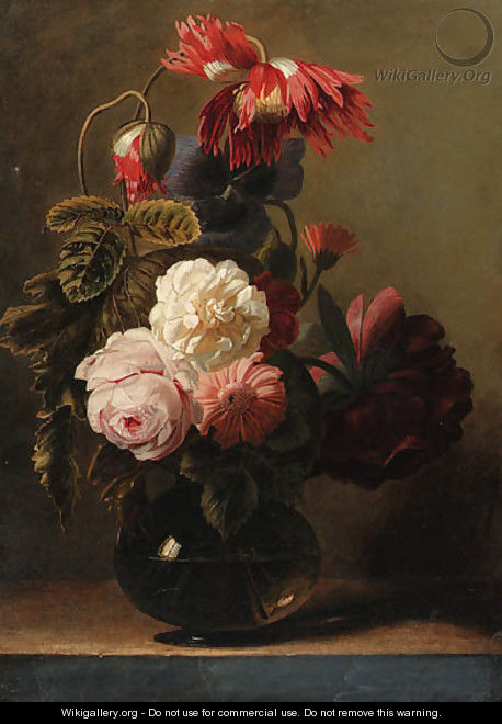 Roses and peonies in a glass vase on a ledge - Simon Pietersz. Verelst