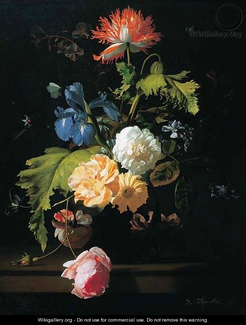 Roses, irises, poppies and other flowers in a glass vase on a ledge - Simon Pietersz. Verelst