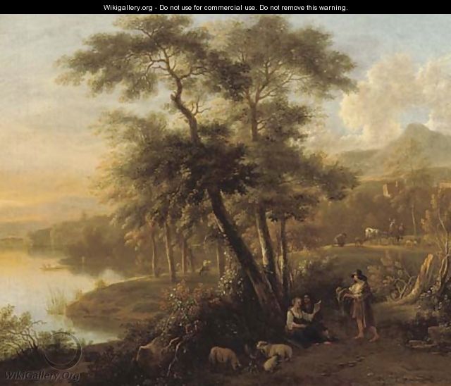 An Italianate wooded landscape with peasants and their flock resting by a path - Simon Mathurin Lantara
