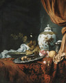 A blue and white facetted vase with other dishes, glasses, fruit and roses on a draped table - Simon Luttichuys