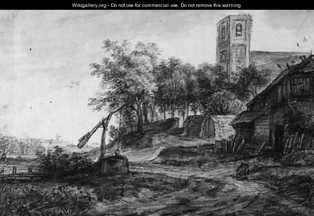 View of a village road with a well by a church - Simon De Vlieger