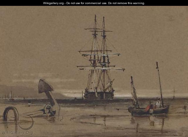 A trading brig at anchor off the coast - Samuel Prout