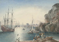 Warships anchored off the Italian port of Leghorn, with fishermen unloading their catch in the foreground - Samuel Owen