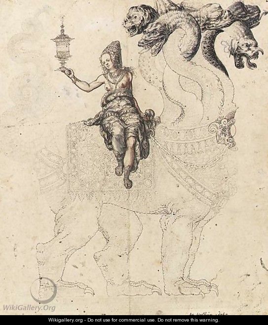 The Whore of Babylon seated on a seven-headed beast - School Of Berne