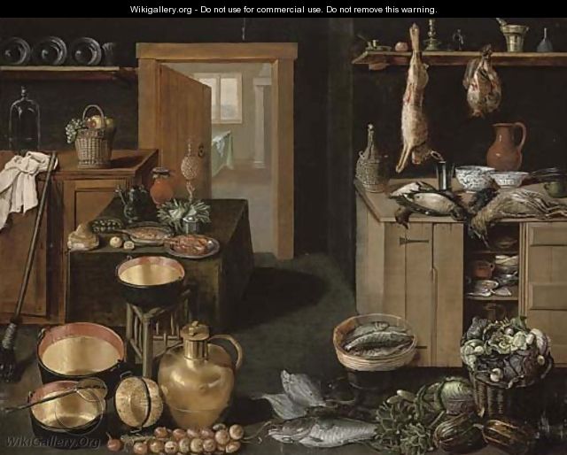 A kitchen interior with dead game on a wooden ledge - School Of Antwerp
