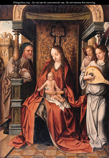 The Virgin and Child enthroned with Saint Joseph and music-making Angels - School Of Antwerp