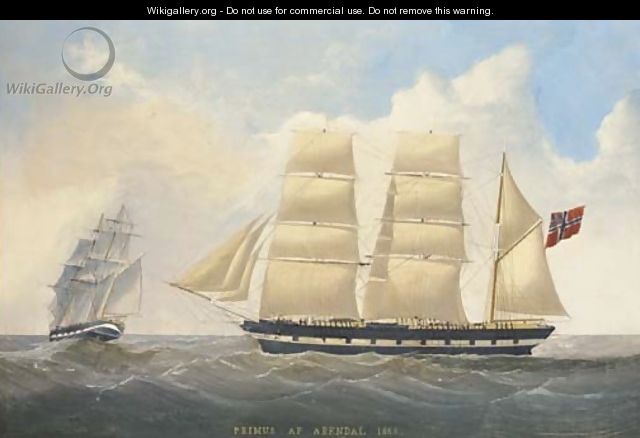 The barque Primus of Arendal under full sail, in two positions - Scandinavian School
