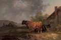Cattle in a landscape by a cottage, with ruins beyond - Sawrey Gilpin