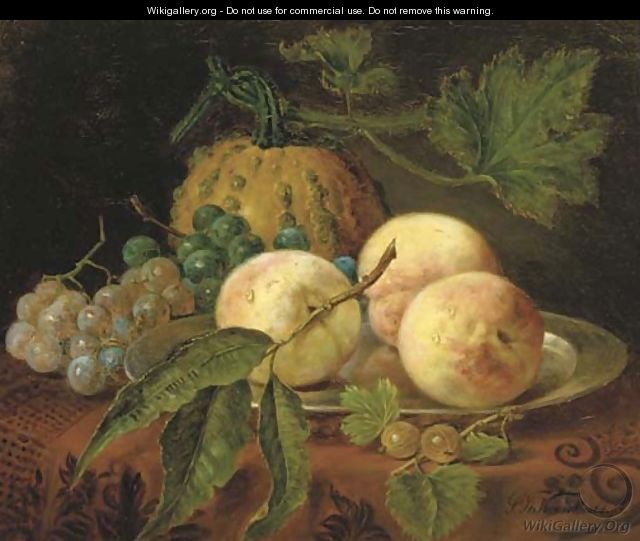 Peaches, grapes and a pumpkin on a table - Sebastiaan Theodorus Voorn Boers