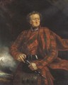 Portrait of a gentleman, three-quarter-length, in tartan, holding a skean dhu - Scottish School
