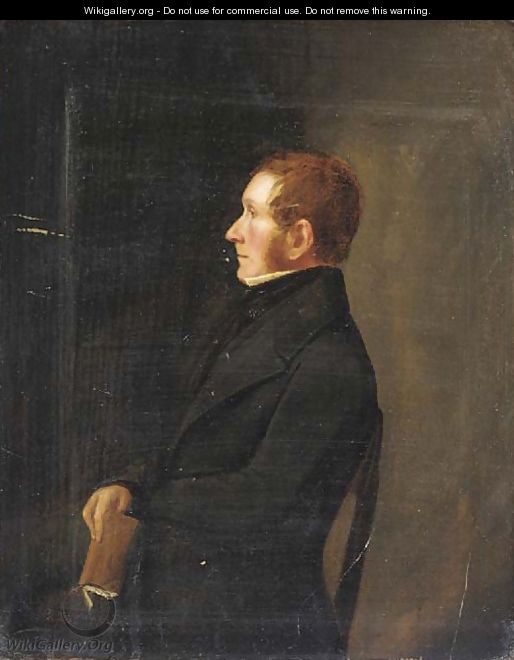 Portrait of a gentleman, in a black suit, holding a book, in profile - Scottish School