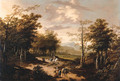 An extensive wooded landscape with travellers on a path - School Of Haarlem
