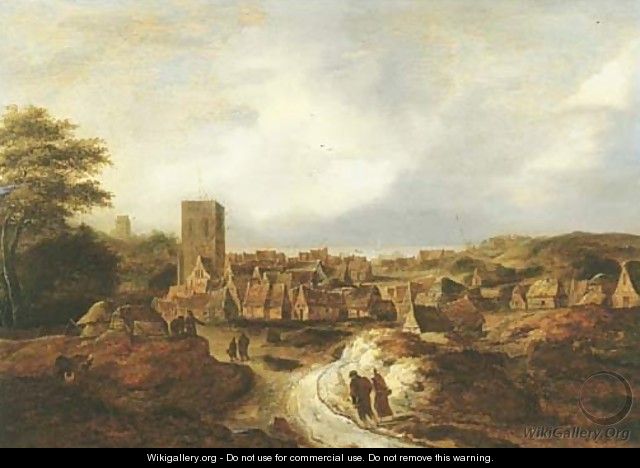 A view of Egmond aan Zee, with travellers on a track approaching the village - School Of Haarlem