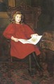 'In Wonderland', Portrait of Margery Merrick, seated full-length, in a red dress, reading a book, in an interior - Emily M. Merrick