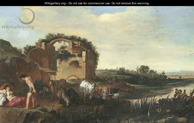 An Italianate landscape with shepherds resting with their cattle near a ruin - Moyses or Moses Matheusz. van Uyttenbroeck