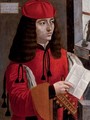 Portrait of a gentleman in a red coat and cap holding a lute and a letter - Milanese School