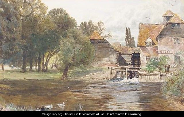 Study of a figure beside a watermill, with ducks in the foreground - Myles Birket Foster