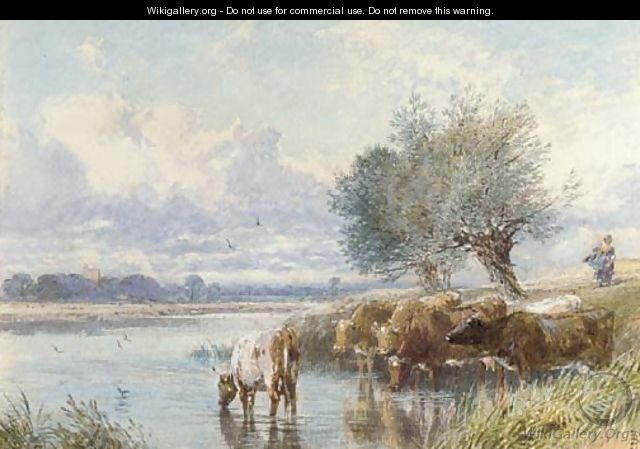 Cattle watering at the riverbank - Myles Birket Foster