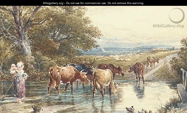 Cattle fording a stream - Myles Birket Foster