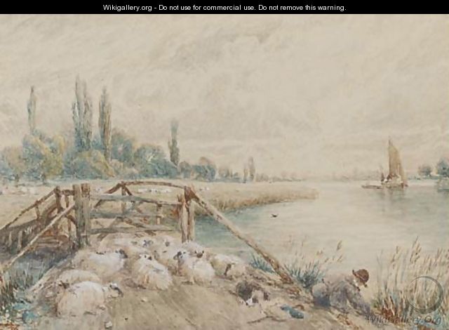 A young shepherd with his flock on a riverbank - Myles Birket Foster