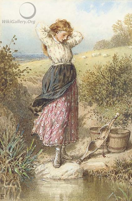 A milkmaid resting by a stream - Myles Birket Foster