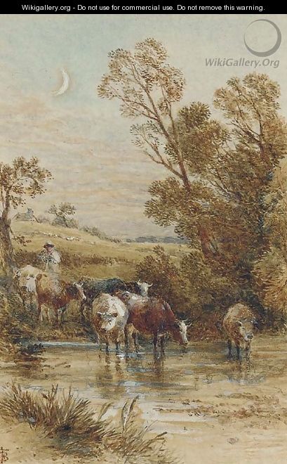 A drover and cattle crossing a ford under a crescent moon - Myles Birket Foster