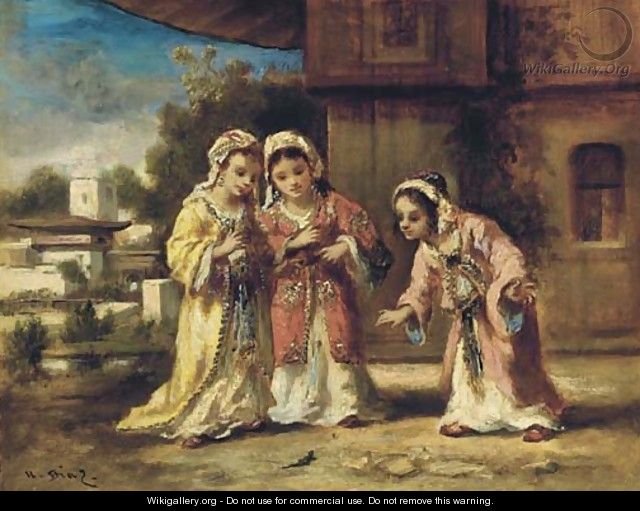Trois Fillettes observant un lezard dans un ville turque - Narcisse-Virgile Díaz de la Peña