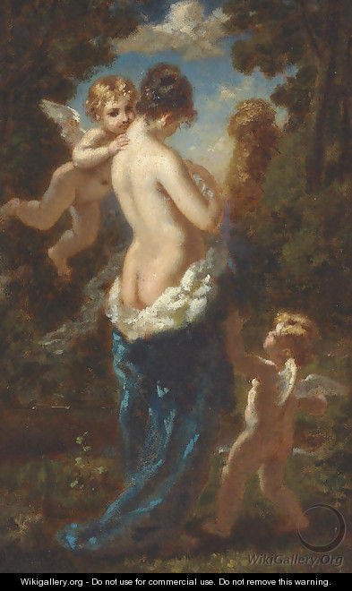 Jeune femme demi-nue, dos de trois-quarts entoure de deux amours - Narcisse-Virgile Díaz de la Peña