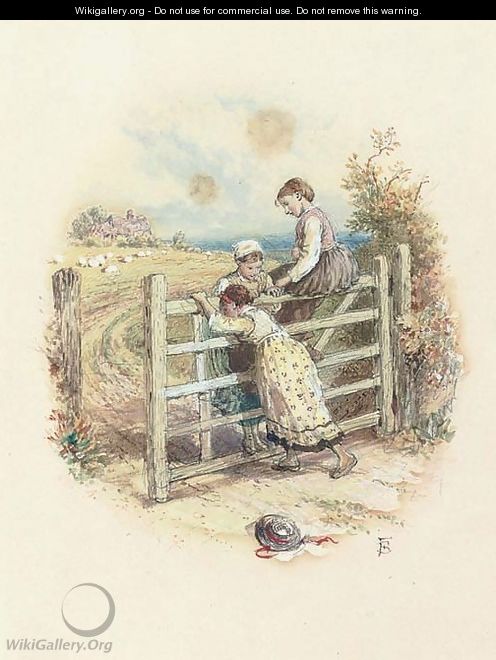 Three children playing on a gate - Myles Birket Foster