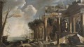 A Mediterranean harbor with a capriccio of classical ruins - Neapolitan School