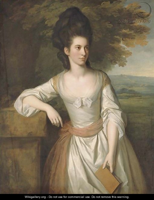 Portrait of Mrs. Vere, three-quarter-length, in a white dress with a pink sash, holding a book in her left hand, with a landscape beyond - Sir Nathaniel Dance-Holland