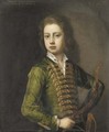 Portrait of a young gentleman, half-length, in a green coat, with gold frogging, holding a bow in his left hand - Michael Dahl