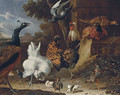 A cockerel, hens, chicks, a partridge, pheasants, a peacock and a pigeon by a wall in the park of a mansion - Melchoir D